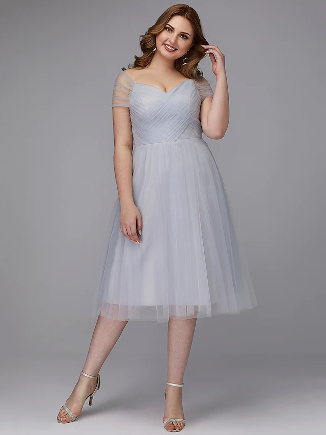 Luolandi A-Line Elegant Cocktail Party Prom Dress Off Shoulder Short Sleeve Tea Length Tulle with Sash Ribbon Criss